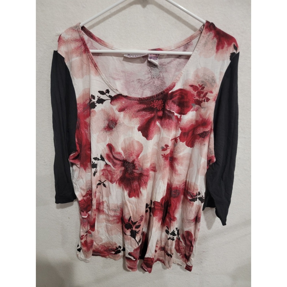 Roaman's 1X Top Floral Pink Red Black 3/4 Sleeve Cotton Blend Scoop‎ Neck Plus